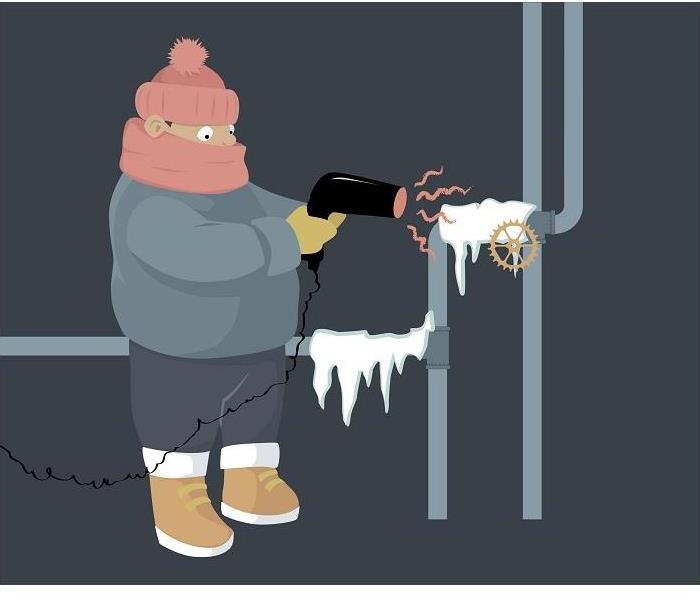 drawing of man bundled in winter clothing trying to thaw a frozen pipe with a hairdryer